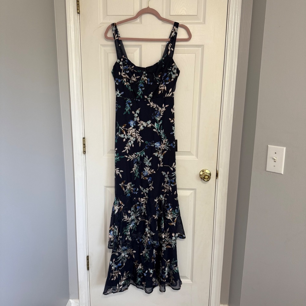 Lulus Navy Blue Floral Burnout Velvet Tiered Ruffle Maxi Dress Med NWT Boho Luxe